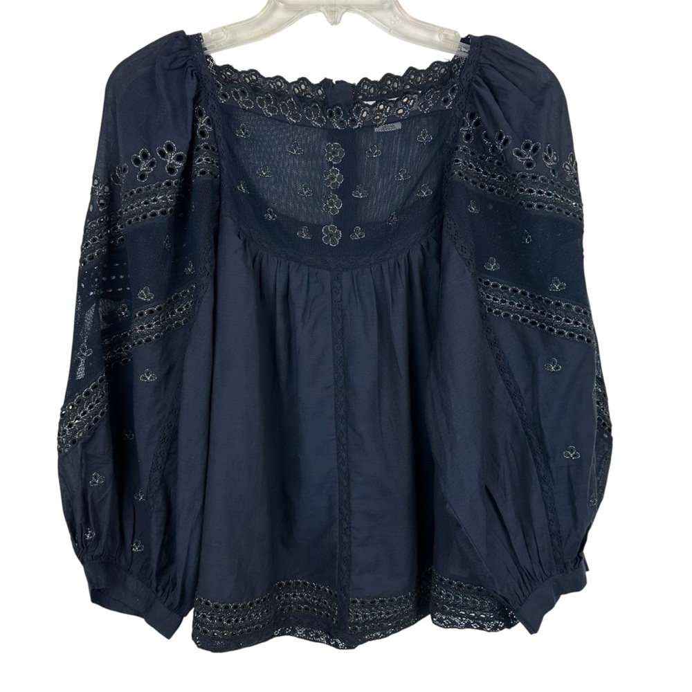 Anthropologie Jaslyn Embroidered Peasant Top Navy Size S - Picture 2 of 15